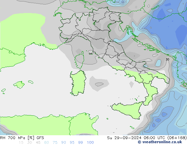 RH 700 hPa GFS Dom 29.09.2024 06 UTC