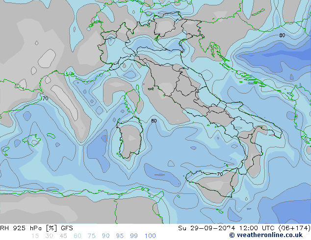 RH 925 hPa GFS Su 29.09.2024 12 UTC