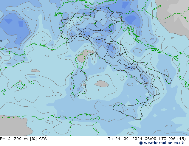 RH 0-300 m GFS Di 24.09.2024 06 UTC