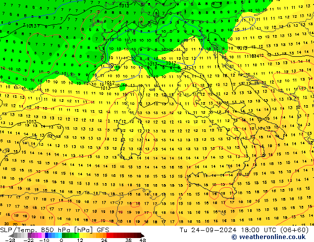 SLP/Temp. 850 hPa GFS mar 24.09.2024 18 UTC