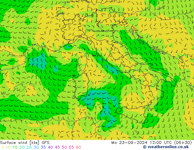 Neerslag 6h/Wind 10m/950 GFS ma 23.09.2024 12 UTC