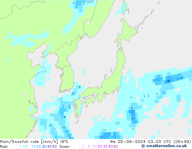 Rain/Snowfall rate GFS Qua 25.09.2024 03 UTC