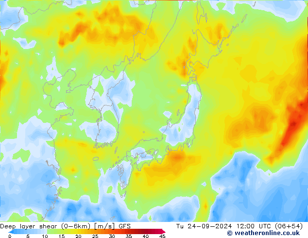 Deep layer shear (0-6km) GFS di 24.09.2024 12 UTC