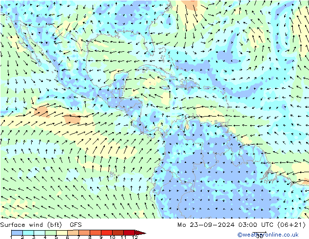 Vento 10 m (bft) GFS lun 23.09.2024 03 UTC