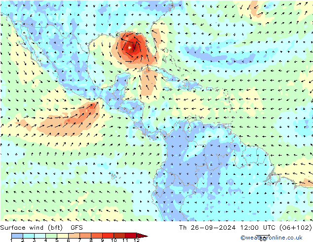 Surface wind (bft) GFS Th 26.09.2024 12 UTC