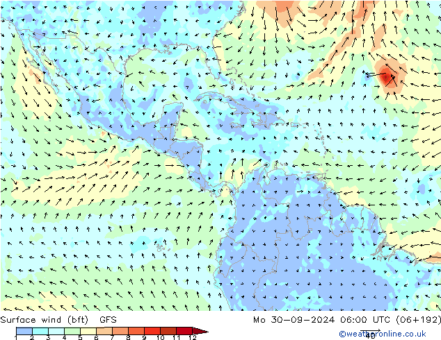 Surface wind (bft) GFS Mo 30.09.2024 06 UTC