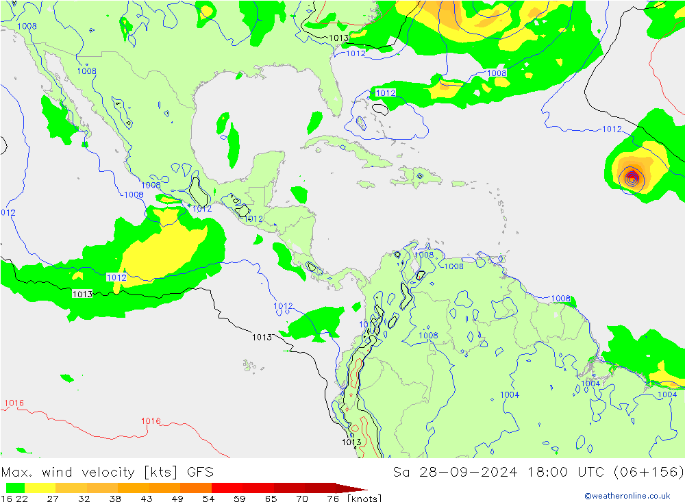 Max. wind velocity GFS сб 28.09.2024 18 UTC