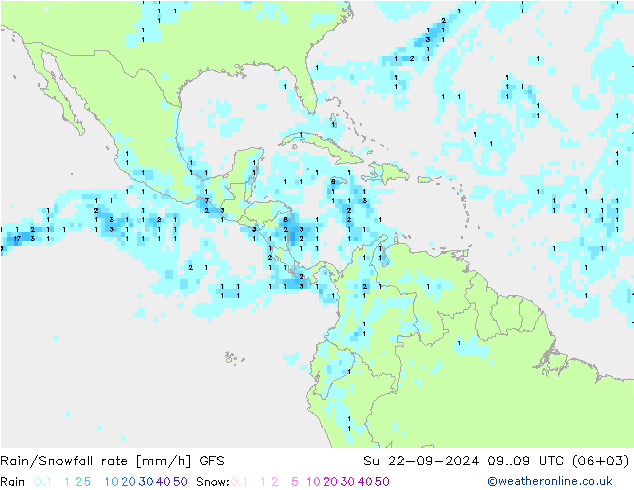 Rain/Snowfall rate GFS Вс 22.09.2024 09 UTC