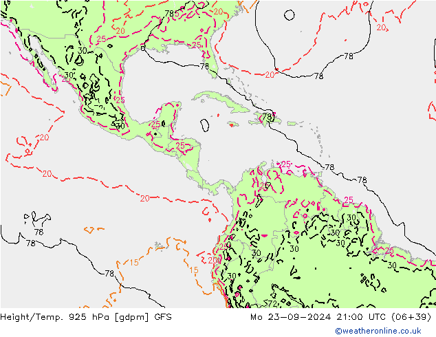 Height/Temp. 925 гПа GFS пн 23.09.2024 21 UTC