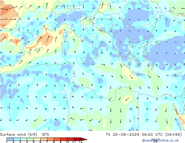 Surface wind (bft) GFS Čt 26.09.2024 06 UTC