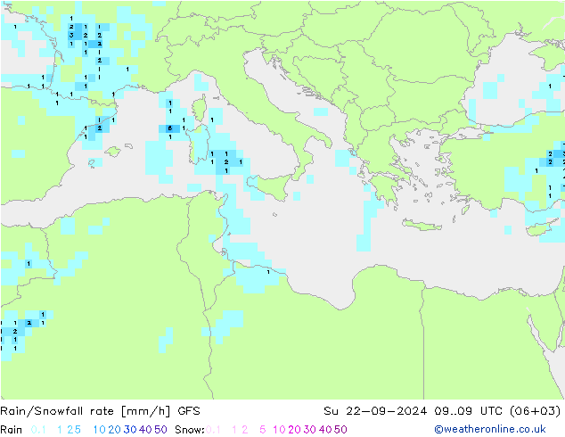 Rain/Snowfall rate GFS Dom 22.09.2024 09 UTC