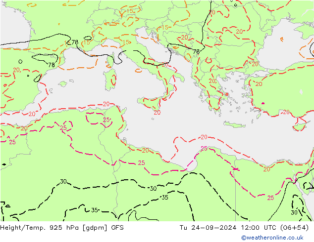 Height/Temp. 925 hPa GFS Ter 24.09.2024 12 UTC