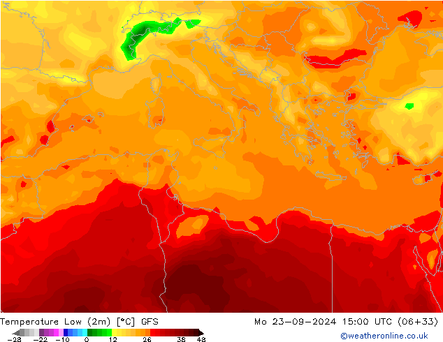 Temperature Low (2m) GFS Mo 23.09.2024 15 UTC