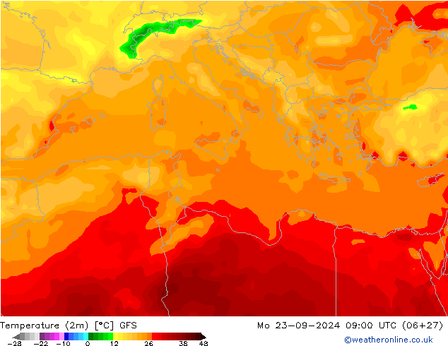 Temperatura (2m) GFS lun 23.09.2024 09 UTC