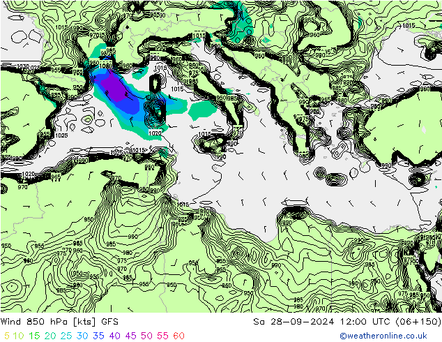 ветер 850 гПа GFS сб 28.09.2024 12 UTC