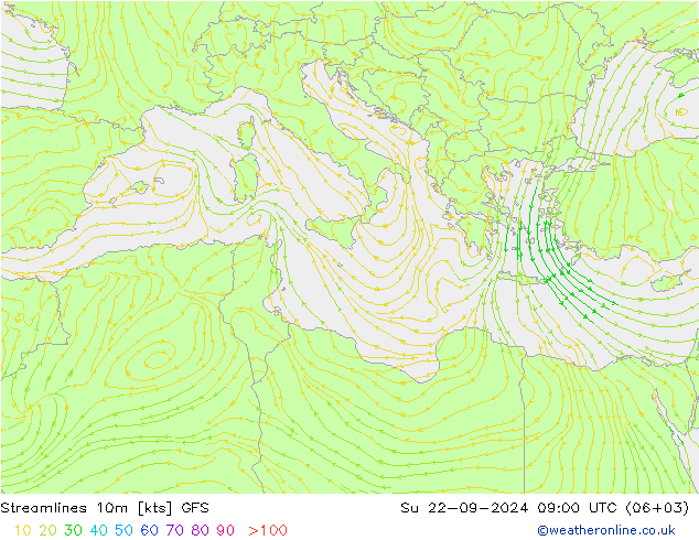 Stromlinien 10m GFS So 22.09.2024 09 UTC