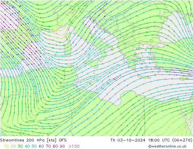 Streamlines 200 hPa GFS Th 03.10.2024 18 UTC