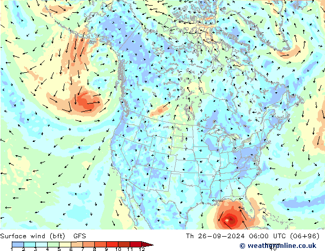 Surface wind (bft) GFS Th 26.09.2024 06 UTC