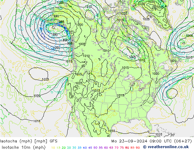 Isotachs (mph) GFS Mo 23.09.2024 09 UTC