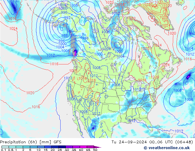 Z500/Rain (+SLP)/Z850 GFS 星期二 24.09.2024 06 UTC