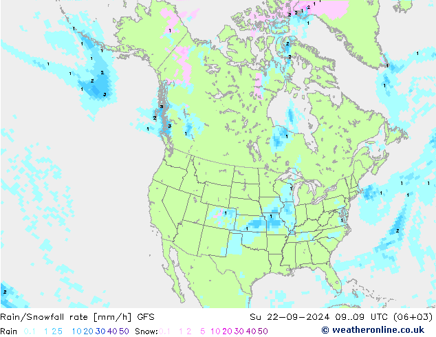 Rain/Snowfall rate GFS 星期日 22.09.2024 09 UTC