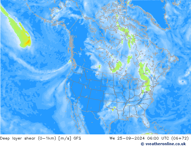 Deep layer shear (0-1km) GFS Mi 25.09.2024 06 UTC