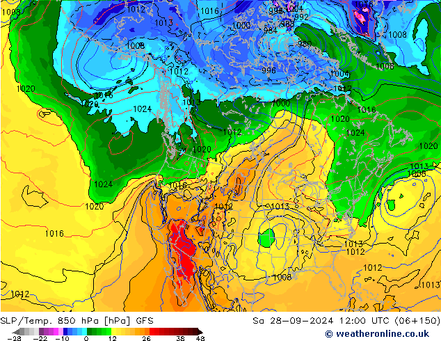 SLP/Temp. 850 hPa GFS Sa 28.09.2024 12 UTC