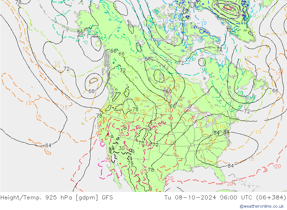 Height/Temp. 925 hPa GFS Tu 08.10.2024 06 UTC