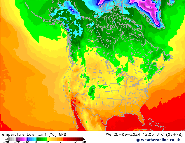 temperatura mín. (2m) GFS Qua 25.09.2024 12 UTC