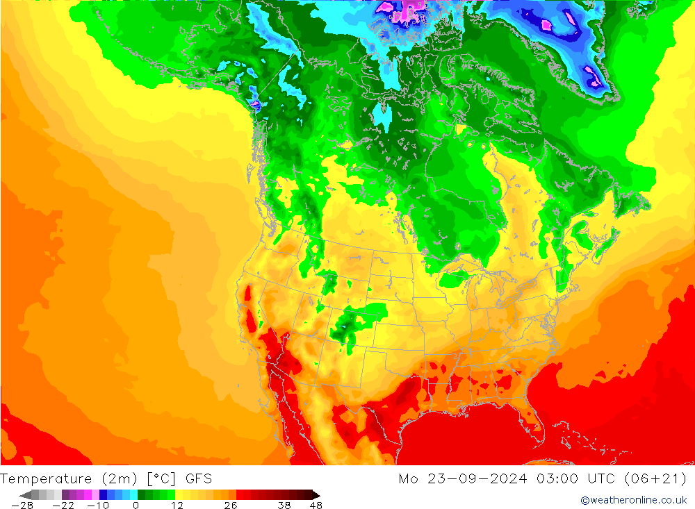 Temperatuurkaart (2m) GFS ma 23.09.2024 03 UTC