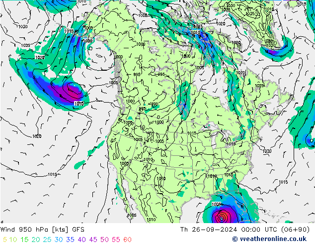 Wind 950 hPa GFS Čt 26.09.2024 00 UTC