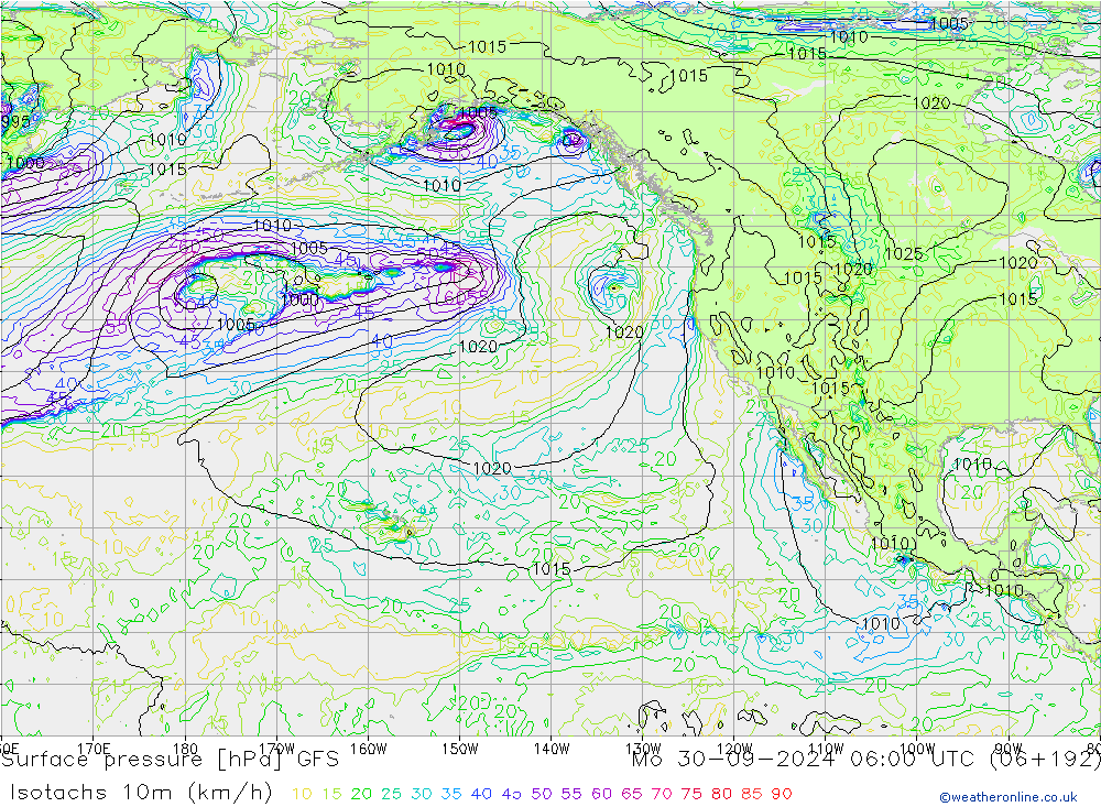 Isotachen (km/h) GFS ma 30.09.2024 06 UTC