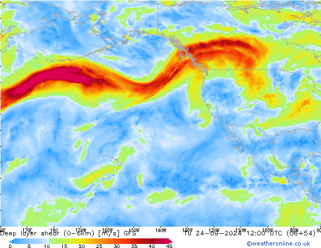 Deep layer shear (0-6km) GFS Tu 24.09.2024 12 UTC