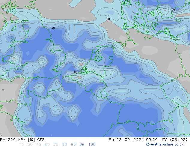 RH 300 hPa GFS 星期日 22.09.2024 09 UTC