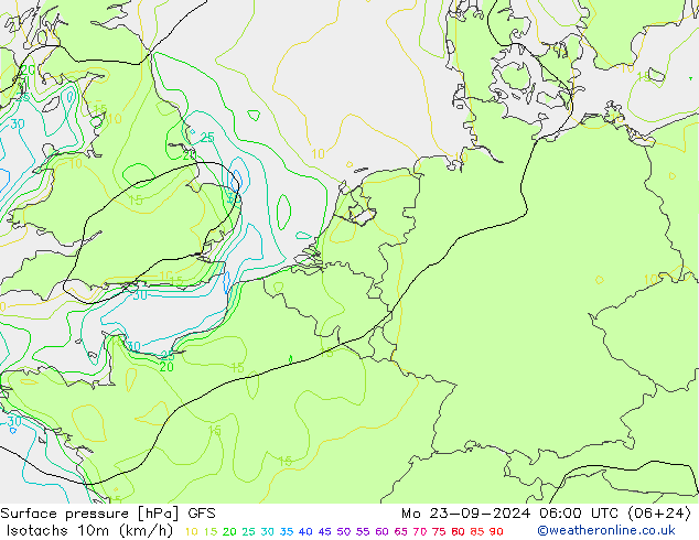 Isotachs (kph) GFS Mo 23.09.2024 06 UTC