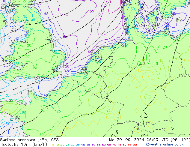 10米等风速线 (kph) GFS 星期一 30.09.2024 06 UTC