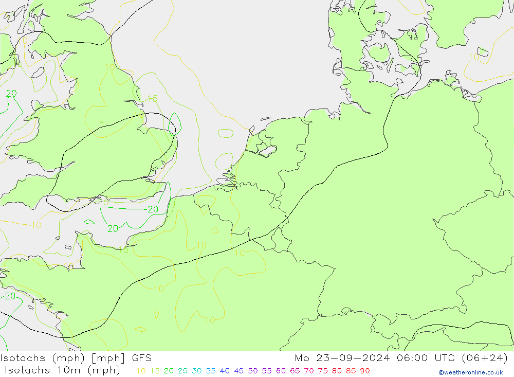 Isotachen (mph) GFS ma 23.09.2024 06 UTC