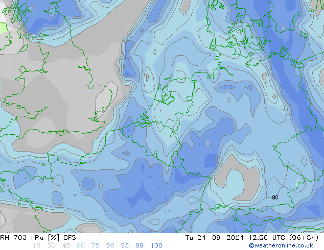 RH 700 hPa GFS Tu 24.09.2024 12 UTC