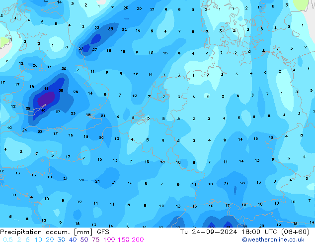 Precipitation accum. GFS Tu 24.09.2024 18 UTC