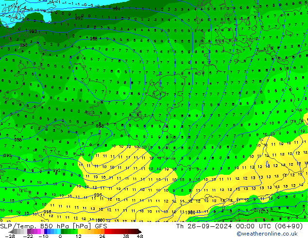 SLP/Temp. 850 hPa GFS Čt 26.09.2024 00 UTC