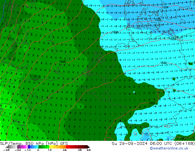 SLP/Temp. 850 hPa GFS So 29.09.2024 06 UTC