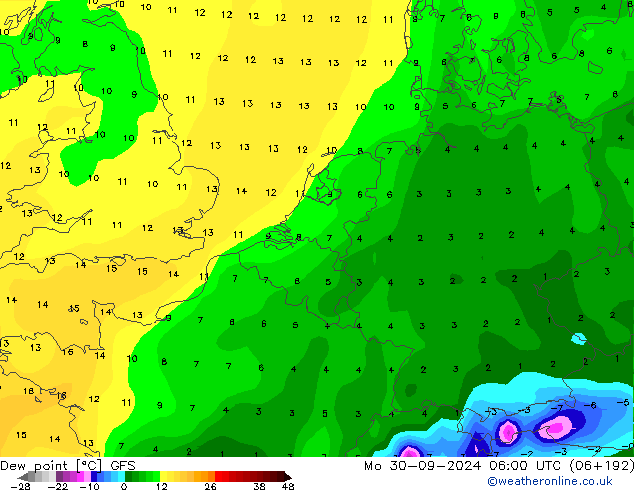 露点 GFS 星期一 30.09.2024 06 UTC