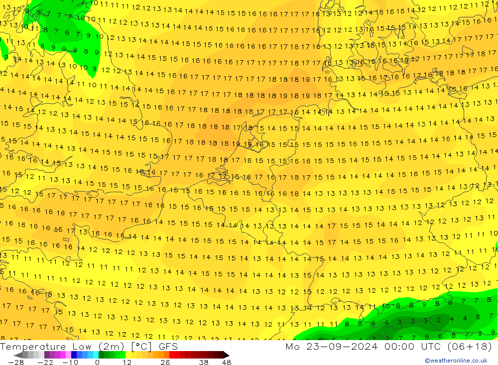 Temperature Low (2m) GFS Mo 23.09.2024 00 UTC