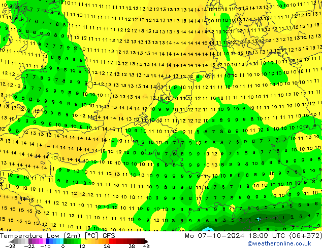 temperatura mín. (2m) GFS Seg 07.10.2024 18 UTC