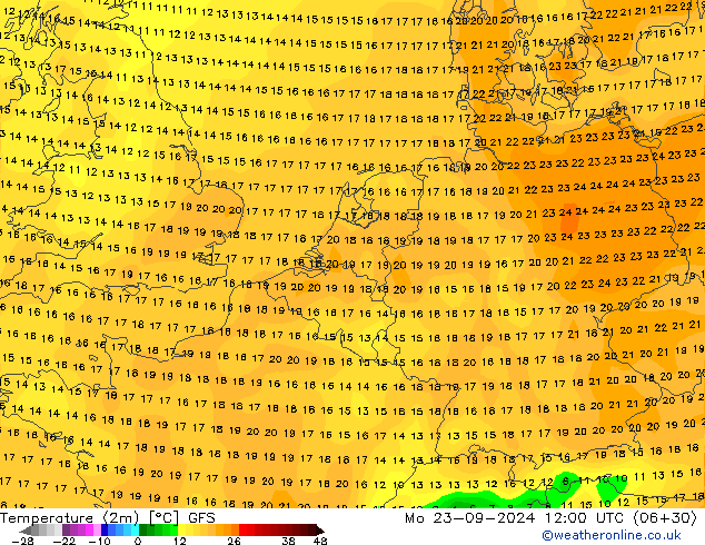 Temperature (2m) GFS Mo 23.09.2024 12 UTC