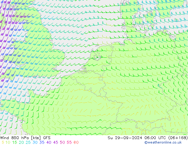 Wind 850 hPa GFS So 29.09.2024 06 UTC