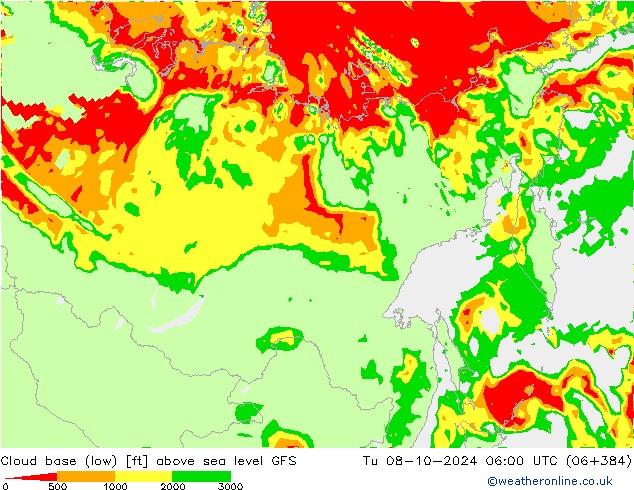 Cloud base (low) GFS Tu 08.10.2024 06 UTC