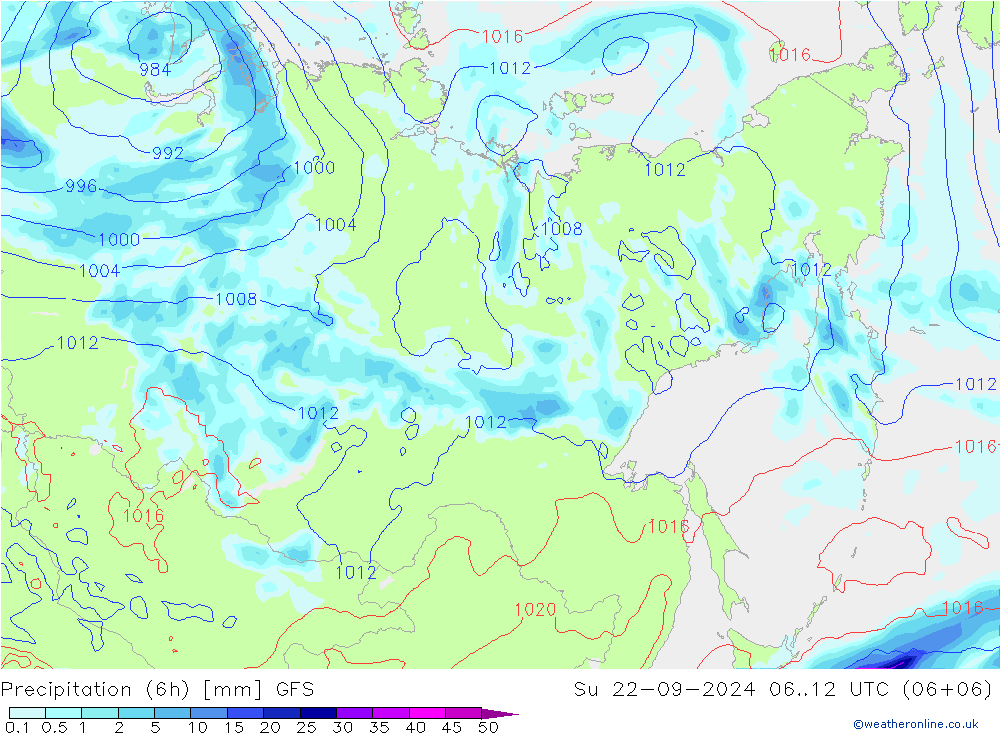 Precipitation (6h) GFS Su 22.09.2024 12 UTC