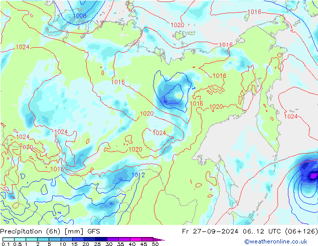 Precipitation (6h) GFS Fr 27.09.2024 12 UTC