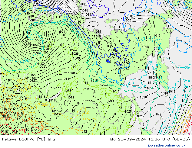 Theta-e 850hPa GFS ma 23.09.2024 15 UTC